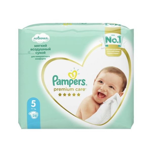 Подгузники Pampers Premium Care 11+ 28 11+ кг, размер 5, 28 шт.